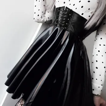 Goocheer dámske Sukne Gotický Harajuku Obväz Faux Kožené kórejský Módne Čierne Mini Skladaný Sukne 2019 Letná Party Pu Saias