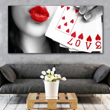 GOODECOR Moderné Červené Pery Ženy Plátno na Maľovanie Poker LÁSKA Stenu Vytlačí obrázok Plagátu Obrázok pre Obývacia Izba Dekorácie Č Rám