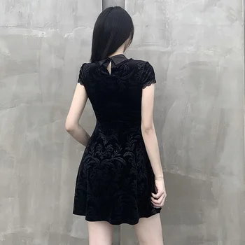 Gothblack Vintage Elegantný Štíhly Spájať Čipky Mini Šaty Gothic Farbou Duté Z Tlače Šaty 2020 Žena Letná Party Šaty