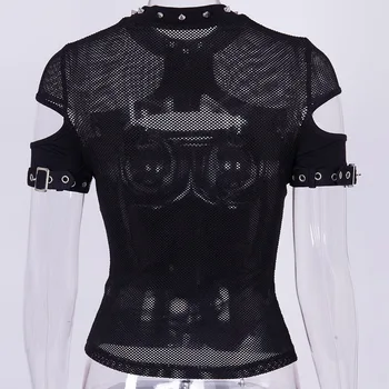 Gotická Tmavé Grunge Elegantné Transparentné T-shirts Gotickom Štýle Punk Duté Z Oka Letné T-shirt Patchwork Sexy Módne 2020 Topy