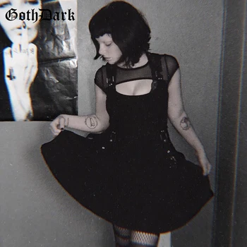 Gotická Tmavé Vintage Gotický Punk Šaty Grunge Harajuku Estetické Jeseň 2020 Obväz Oka Strany Mini Šaty Otvor Backless