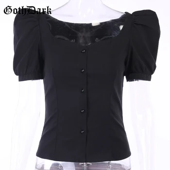 Gotická Tmavé Vintage Sexy Gotický Letné T-shirt Žena Black Grunge Bodycon kórejský Štýl Ženy Tee 2020 Lístkového Krátky Rukáv Bežné