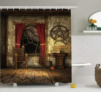 Gotický Sprchový Záves Pentagram Symbol pri Sviečkach Červené Záclony Mystického Stredoveké Komorné Duchovné Kúpeľňa Decor