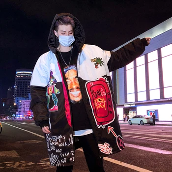 Graffiti Vytlačiť Puffer Bunda pre Mužov Hip Hop Oblečenie 2020 Zimné Módne Trendy Vatovaný Kabát s Kapucňou Nadrozmerné Punk Streetwear