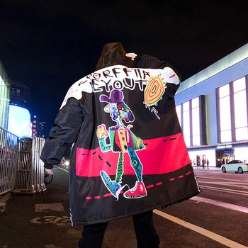 Graffiti Vytlačiť Puffer Bunda pre Mužov Hip Hop Oblečenie 2020 Zimné Módne Trendy Vatovaný Kabát s Kapucňou Nadrozmerné Punk Streetwear