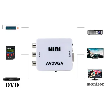 Grwibeou HD AV2VGA Video Converter Konvertor Box Mini AV RCA CVBS na VGA Video Converter, s 3,5 mm Audio PC Converter, HDTV