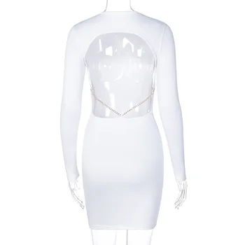 Gtpdpllt Sexy Biele Šaty Pre Ženy Backless Kovové Reťaze Dlhý Rukáv Mini Vianočné Šaty Župan Femme Chudá Strany Vestidos