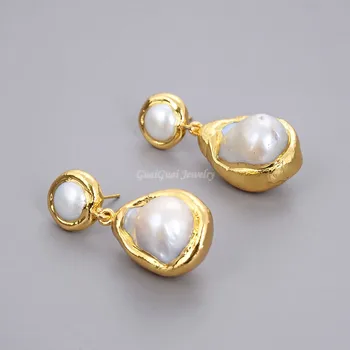 GuaiGuai Šperky Prírodné Pearl White Keshi Pearl Pozlátené Náušnice