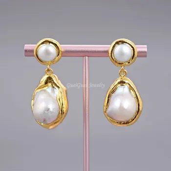 GuaiGuai Šperky Prírodné Pearl White Keshi Pearl Pozlátené Náušnice