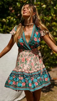 GypsyLady Boho Flroal Mini Šaty Vintage Elegantné Letné Šaty pre Ženy, Svetlice Rukáv Volánikmi tvaru Holiday Beach Hippie Šaty