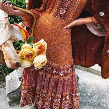 GypsyLady Orange Vintage Kvetinový Ženy Šaty Boho Jesenných Prázdnin Šaty Volánikmi Dlhé Závoje Rukáv Etnických Belted Dámske Šaty