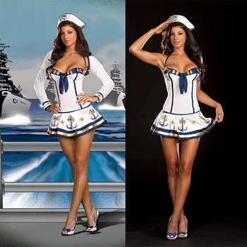 Halloween Dievčatá Námornícke Uniformy Biela Sexy Ženy, Tmavomodrý Kostým Karneval Fantasias Maškaráda Cosplay Party Šaty S Dlhým Rukávom