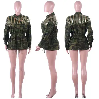 HAOYUAN Kamufláž Sequin Bunda Outwear Ženy Šaty, Celý Rukáv Plus Veľkosť Jeseň Streetwear Army Zelená Camo Dlho Denim Coats