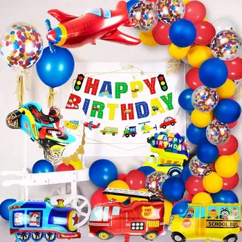 Happy birthday banner pre chlapcov narodeniny dekorácie auta školský autobus vlak požiaru truck motocykel, lietadlo, balón dopravných prostriedkov