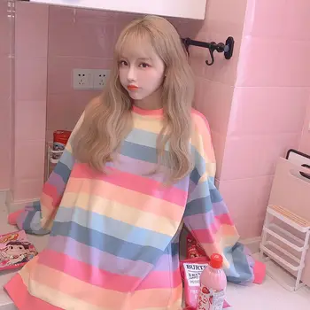 Harajuku Kawaii Roztomilý Rainbow, Tričko Ženy Pruhy Panelled T-shirt Mikina Študent Jeseň Zima Dlhý Rukáv Voľné Pulóvre