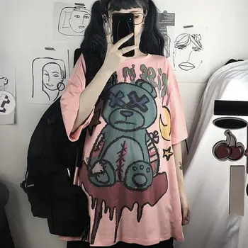 Harajuku Pastel Goth Ružové Tričko Krátky Rukáv Kawaii Tričko pre Ženy Dospievajúce Dievča kórejské Oblečenie, Streetwear Gotický Obrázok