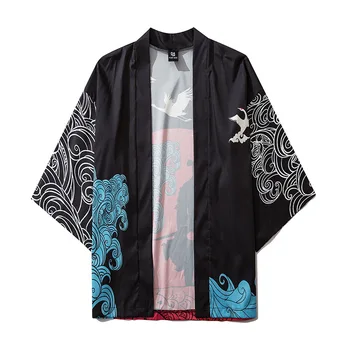 Harajuku Tlač Žeriav A Vlny Kimono Japonské Tradičné Oblečenie pre Mužov, Ženy Voľné Rúcho Streetwear Cardigan Haori Obi
