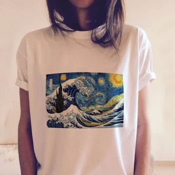 Harajuku Vincent Van Gogh, Hviezdna Noc Ukiyo-e Tlačiť T-shirt Estetické Tvorivé Tee Topy Ženy Japonský Štýl Vlna Tshirts