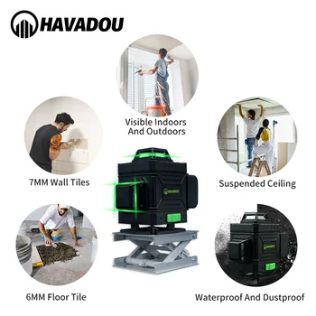 HAVADOU16 Linky 4D Zelený Laser Úrovni 360 Self-Vyrovnávanie Úrovne, Horizontálne a Vertikálne Super Výkonný Laserový Lúč v Interiéri a Exteriéri