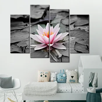 HD vytlačené 4 kus Čiernej a bielej lotus obrázok plagátu wall art print plátno na maľovanie na Stenu Umenie Modulárny Obrázok Pre Obývacia Izba