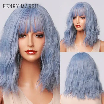 HENRY MARGU Mix Svetlo Modrá Fialová Krátke Vody Vlna Parochňu pre Ženy Tepelne Odolných Syntetických Vlasy Parochňa Cosplay Lolita Parochňa s Ofinou