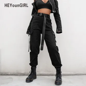 HEYounGIRL Streetwear Cargo Nohavice Ženy Príležitostných Bežcov Čierna Vysoký Pás Voľné Ženské Nohavice Kórejský Štýl, Dámy Capri Nohavice