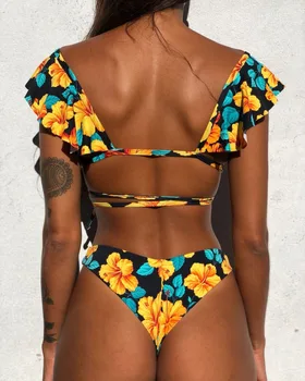 High Cut Retro Tlač Rozstrapatené Bikini 2019 Sexy Kríž Obväz Plavky Ženy Plavky Tvaru Brazílske Bikini Set Remeň Biquinis