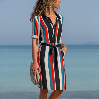 HiloRill Ženy Stripe Tričko Šaty Letné Tlač Plážové Šaty 2020 Dámy Príležitostné Voľné Dlhý Rukáv Party Šaty Vestidos de Fiesta