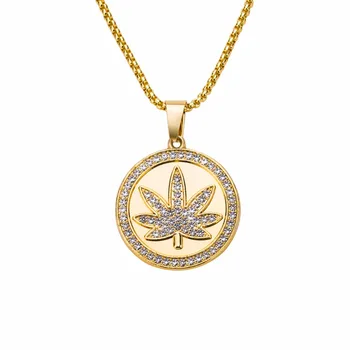 Hip Hop AAA CZ Kameň Ľad Sa Bling Gold Color Cannabiss Javorový List Kolo Prívesky, Náhrdelníky pre Mužov Šperky s 30inch Reťazca