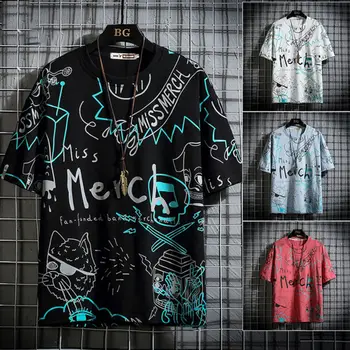 Hip Hop Graffiti T Shirt Muž Black Voľné Harajuku T-shirt Chlapcov Príležitostné Letné Punk Tričko Streetwear Pohode kórejský Štýl Top Tees