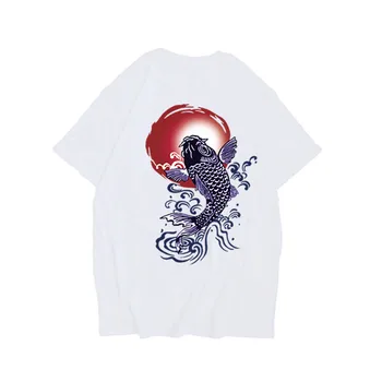 Hip Hop Značky Vintage T Shirt Mužov Japonsko Street Style Späť Koi Tlač Topy Tees Oblečenie 2019 Tshirts Módne Čierne tričká Homme