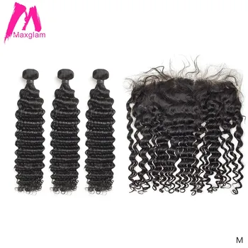 Hlboké vlny ľudské vlasy rozšírenie 3 4 zväzky s čelnej 30 40 palcový brazílsky prirodzené farby väzbe remy pre čierne ženy hd čipky