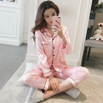 Hodvábny Satén Cardigan Pyžamo Sady pre Ženy 2019 Jar Jeseň Mäkké Sleepwear Pyžamo Dlhý Rukáv Plavky oblečenie pre voľný čas Pijama Mujer