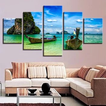 Home Decor Wall Art HD Vytlačené 5 Kusov Ostrov Loď A Modré Nebo Biely Oblak Seascape Plátno Obrázky Modulárny Rámec Maľovanie