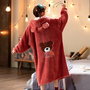Home service cartoon noc šaty zimné flanelové župan s kapucňou hrubé long-sleeve nightgown kimono kórejský roztomilý odev župan