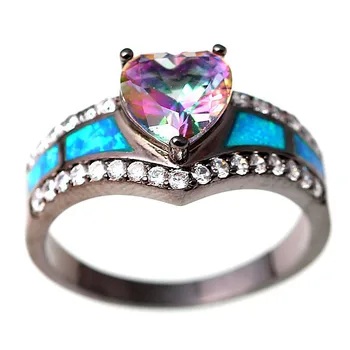 Horúce Multicolor Srdce Fire Opal Prstene Pre Ženy Zirkón Modrá/Biela/Ružová Vintage Čierneho Zlata Plné Birthstone Krúžok