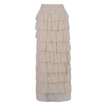 Horúce módne ženy čipky kvetinový Elegantné Multi-layer A-line sukne Volánikmi vysoko elastický pás Strany Svadobné dlho maxi sukne ženy
