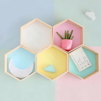 HOT-Nordic Štýl Škôlky Deti Miestnosti Dekorácie Pult Drevené Honeycomb Hexagon Police pre Dieťa Dieťa Spálne Dekorácie-Drevo Colo