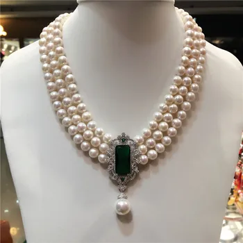 Hot predaj novú 8-9mm prírodná biela sladkovodné perly multi-layer náhrdelník zirkón doplnky, módne šperky