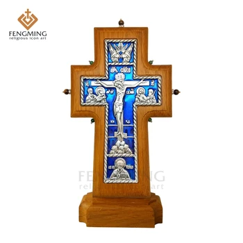 Hot predaj pravoslávny Kríž Kresťanský Kovový Kríž na dubové Drevo náboženské ikonu krstu, dar rusi umenie