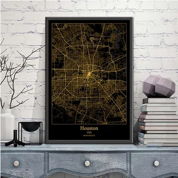 Houston, USA Black&Gold Mesto Svetlo Vlastné Mapy Sveta Mapa Mesta Plagáty Plátno, Vytlačí Nordic Štýl Wall Art Domova