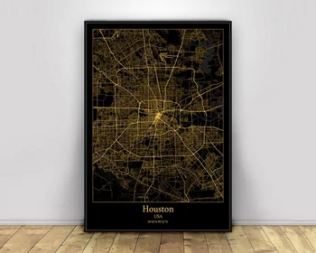 Houston, USA Black&Gold Mesto Svetlo Vlastné Mapy Sveta Mapa Mesta Plagáty Plátno, Vytlačí Nordic Štýl Wall Art Domova