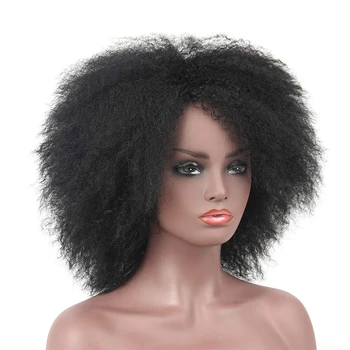 HOUYAN Syntetické kučeravé vlasy Africké čierne kučeravé kučeravé vlasy, nadýchané vlasy čierne prírodné žiaruvzdorné denne čierne ženy
