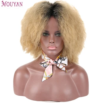 HOUYAN Syntetické kučeravé vlasy Africké čierne kučeravé kučeravé vlasy, nadýchané vlasy čierne prírodné žiaruvzdorné denne čierne ženy