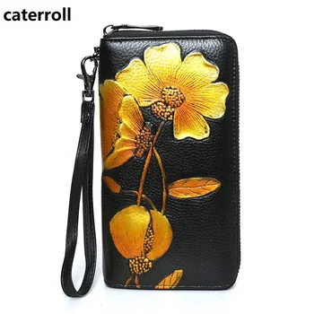 Hovädzie kože ženy, peňaženky dlho originálne kožené kabelky ženy kvetinový spojka peňaženky veľkú kapacitu držiteľa karty a telefón taška