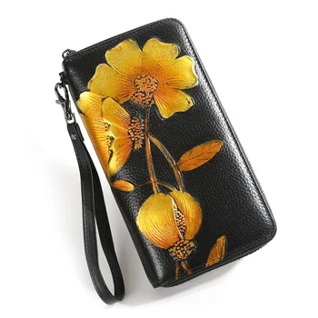 Hovädzie kože ženy, peňaženky dlho originálne kožené kabelky ženy kvetinový spojka peňaženky veľkú kapacitu držiteľa karty a telefón taška