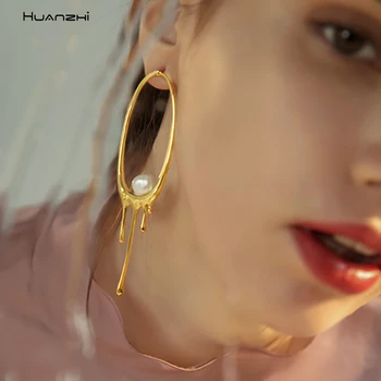 HUANZHI 2020 Zlatá Farba Kovu Láva Nepravidelný Baroková Perla Stud Náušnice Geometrické Circel Pre Ženy, Dievčatá Strana Šperky