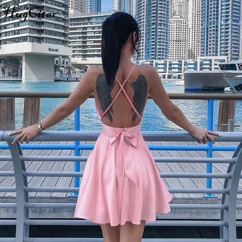 Hugcitar 2020 bez rukávov tvaru sexy mini sklzu šaty backless luk pevné ružové letné ženy streetwear strany oblečenie