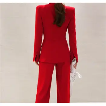 HziriP Nové Jeseň Červená OL Elegantné Všetkých Zápas Office Lady Sako +Vysoký Pás Rovno Voľné Hot nohavicové Kostýmy Ženy 2 Ks Súpravy