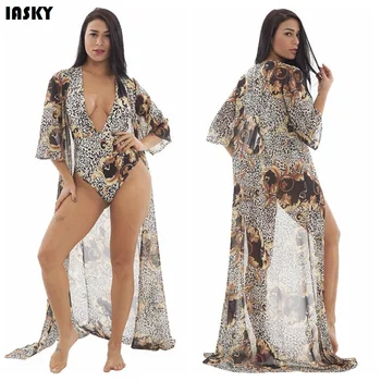 IASKY 2KS/SET Sexy obal + Plavky Nastaviť 2019 Leopard Tlač Ženy Kryt Ups & jednodielne plavky sady Župan De Plage